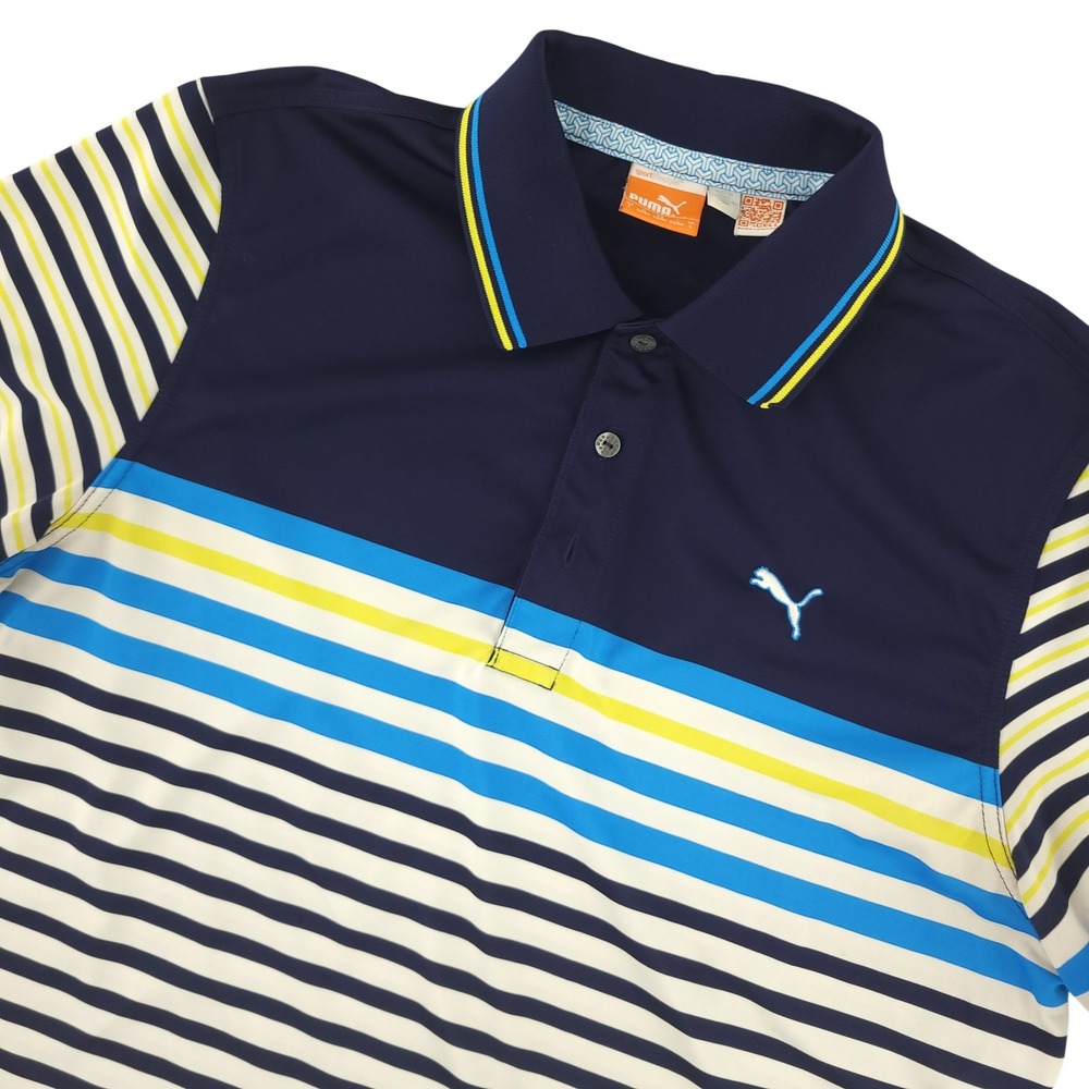 Puma Polo Shirt Mens L Blue Yellow Stripe Golf Sportlifestyle Performance Top